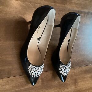 Adrienne Vittadini Black Patent Leather Heels with Crystal Embellishments